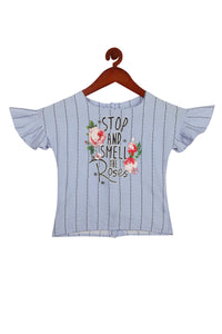 Blue Embroidered Striped Top for Girls