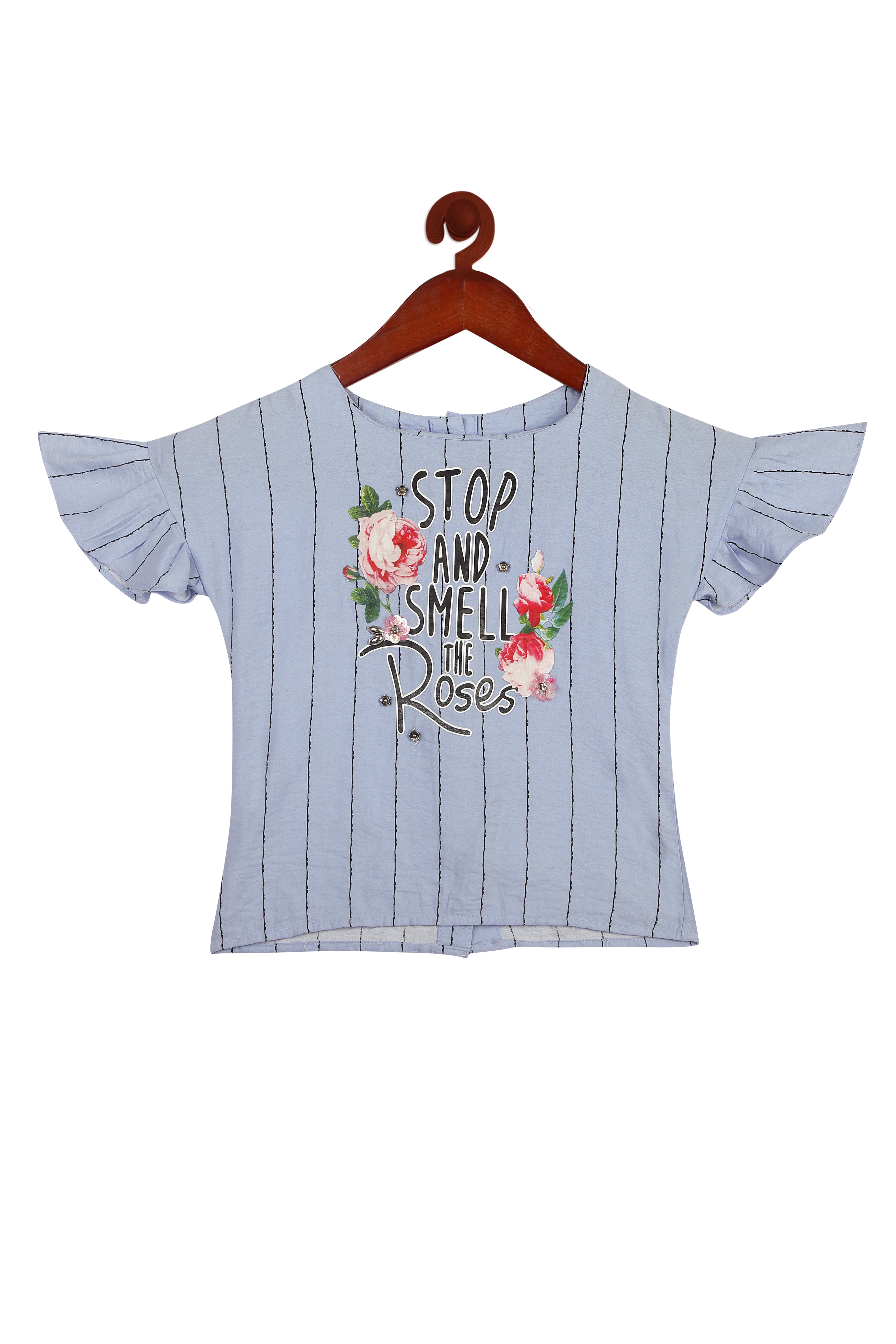 Blue Embroidered Striped Top for Girls