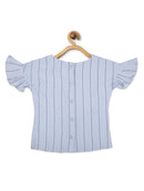 Blue Embroidered Striped Top for Girls