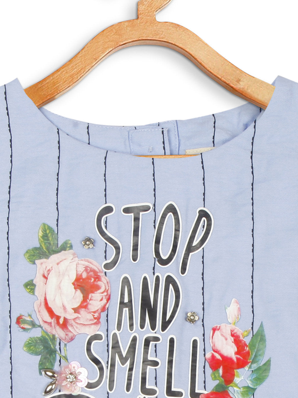 Blue Embroidered Striped Top for Girls