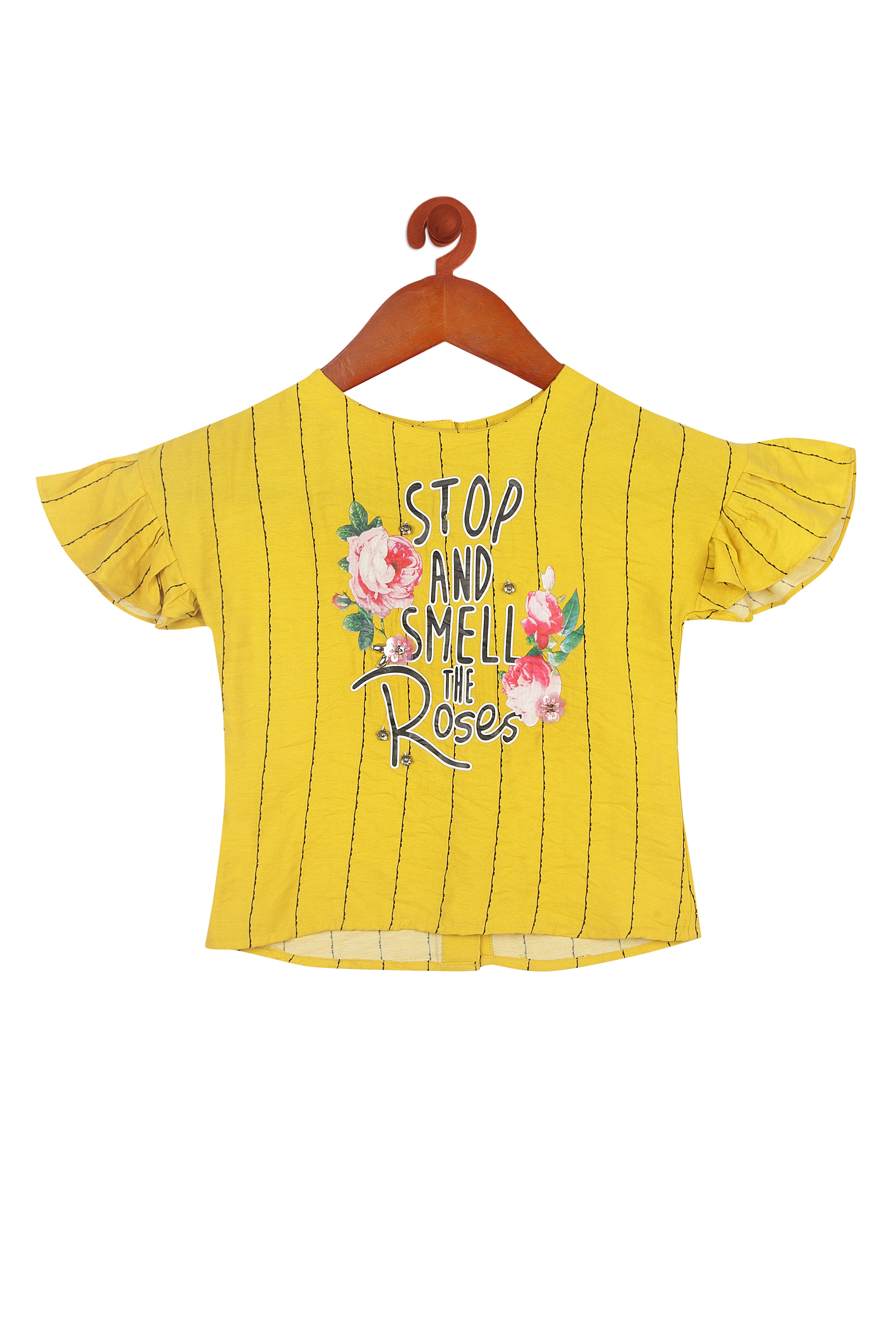 Yellow Embroidered Striped Top for Girls