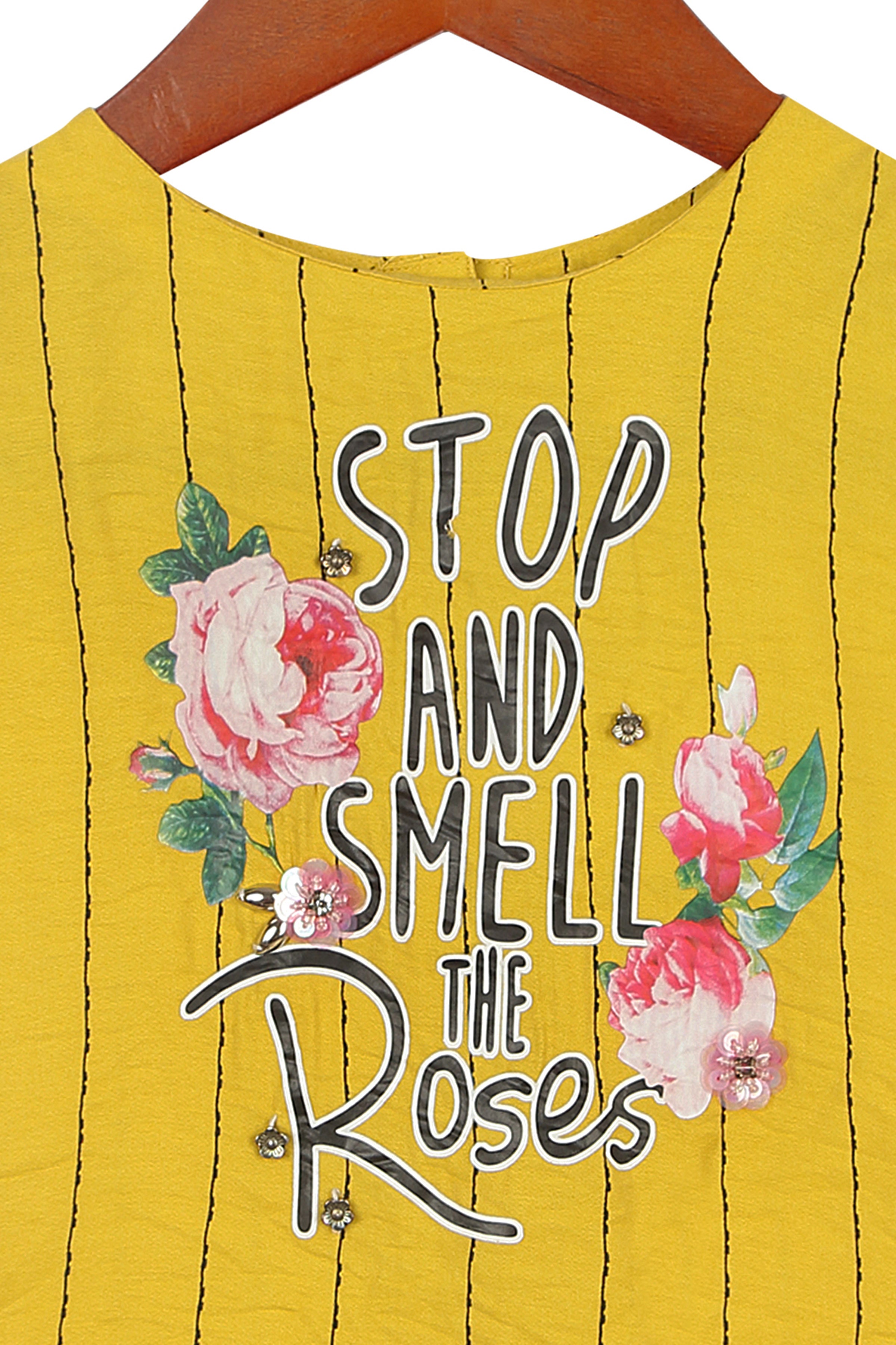 Yellow Embroidered Striped Top for Girls