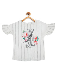 White Embroidered Striped Top for Girls