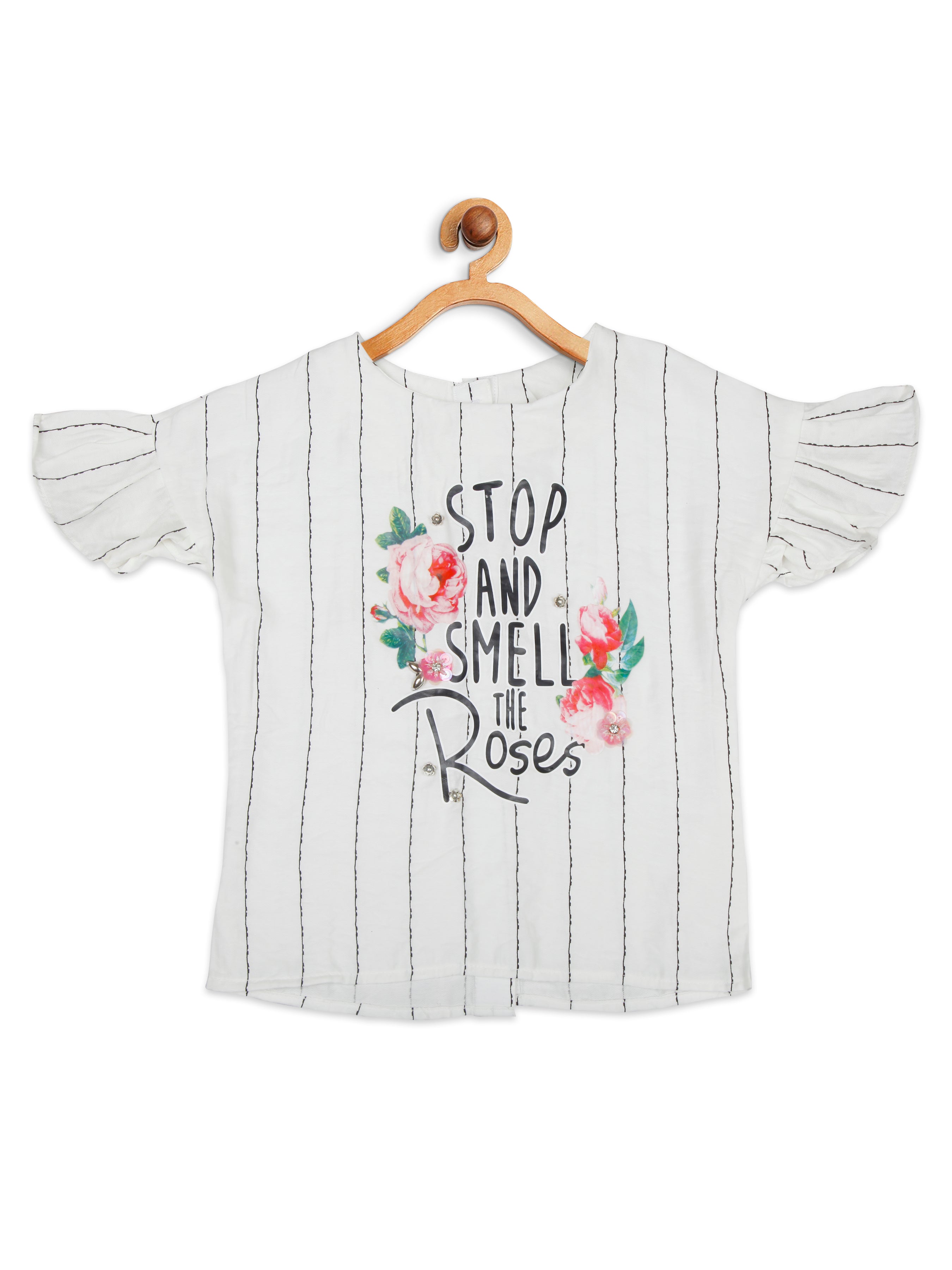White Embroidered Striped Top for Girls