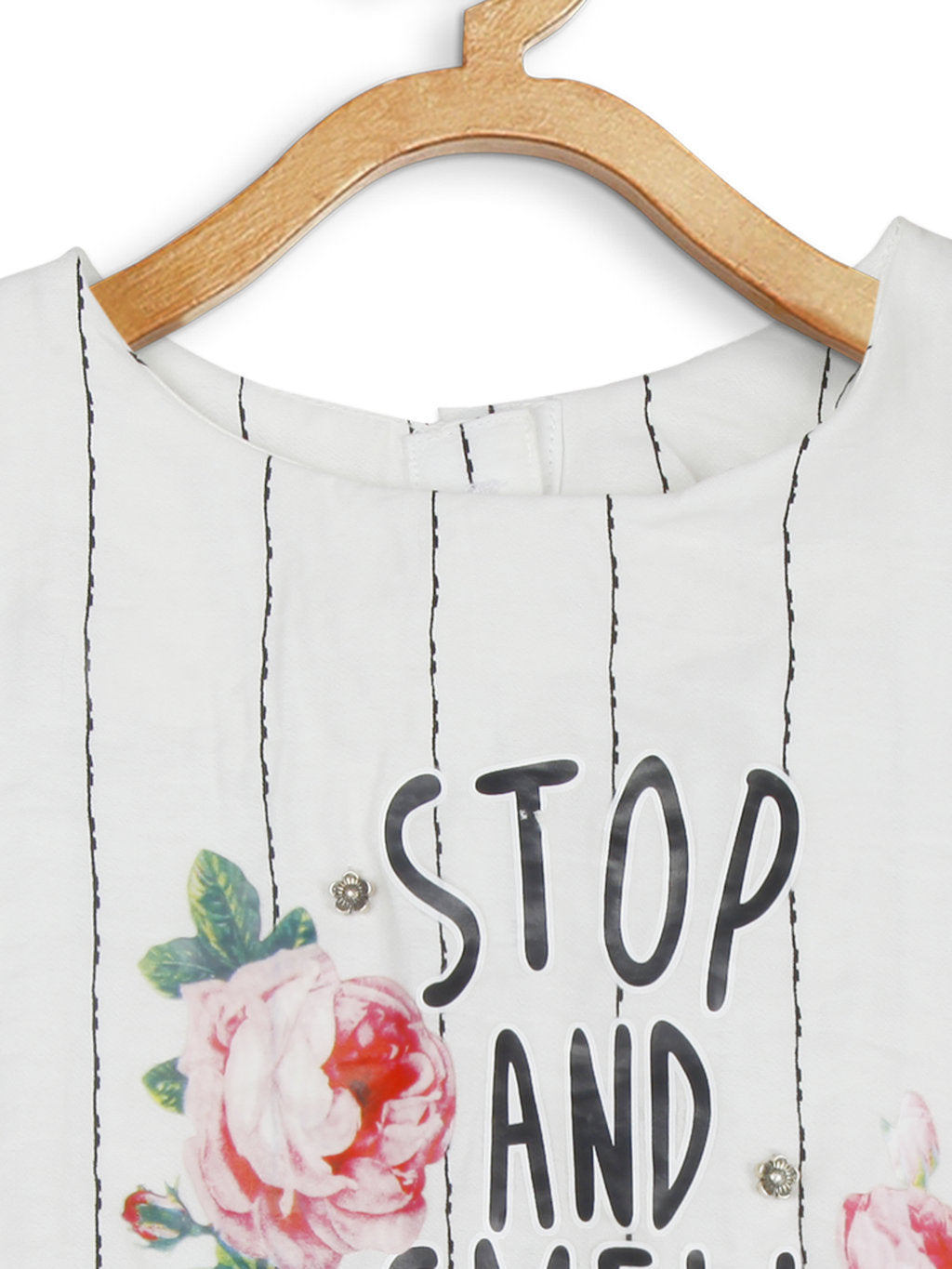 White Embroidered Striped Top for Girls