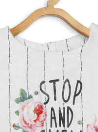 White Embroidered Striped Top for Girls