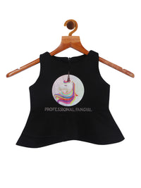 Tiny Girl Sleeveless Unicorn Print Top - Black