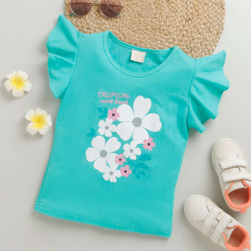 Tiny Girl Short Sleeves Floral Print Top - Sea Green_Infants