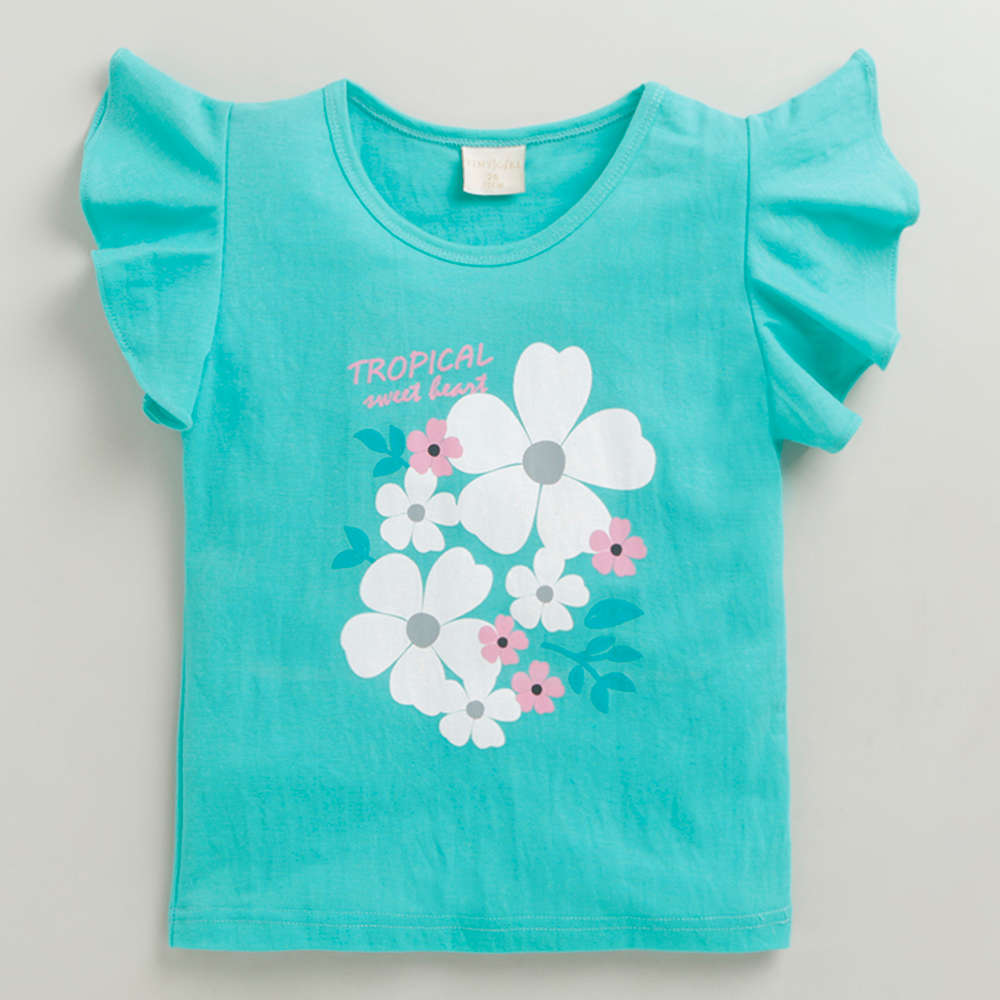 Tiny Girl Short Sleeves Floral Print Top - Sea Green_Infants