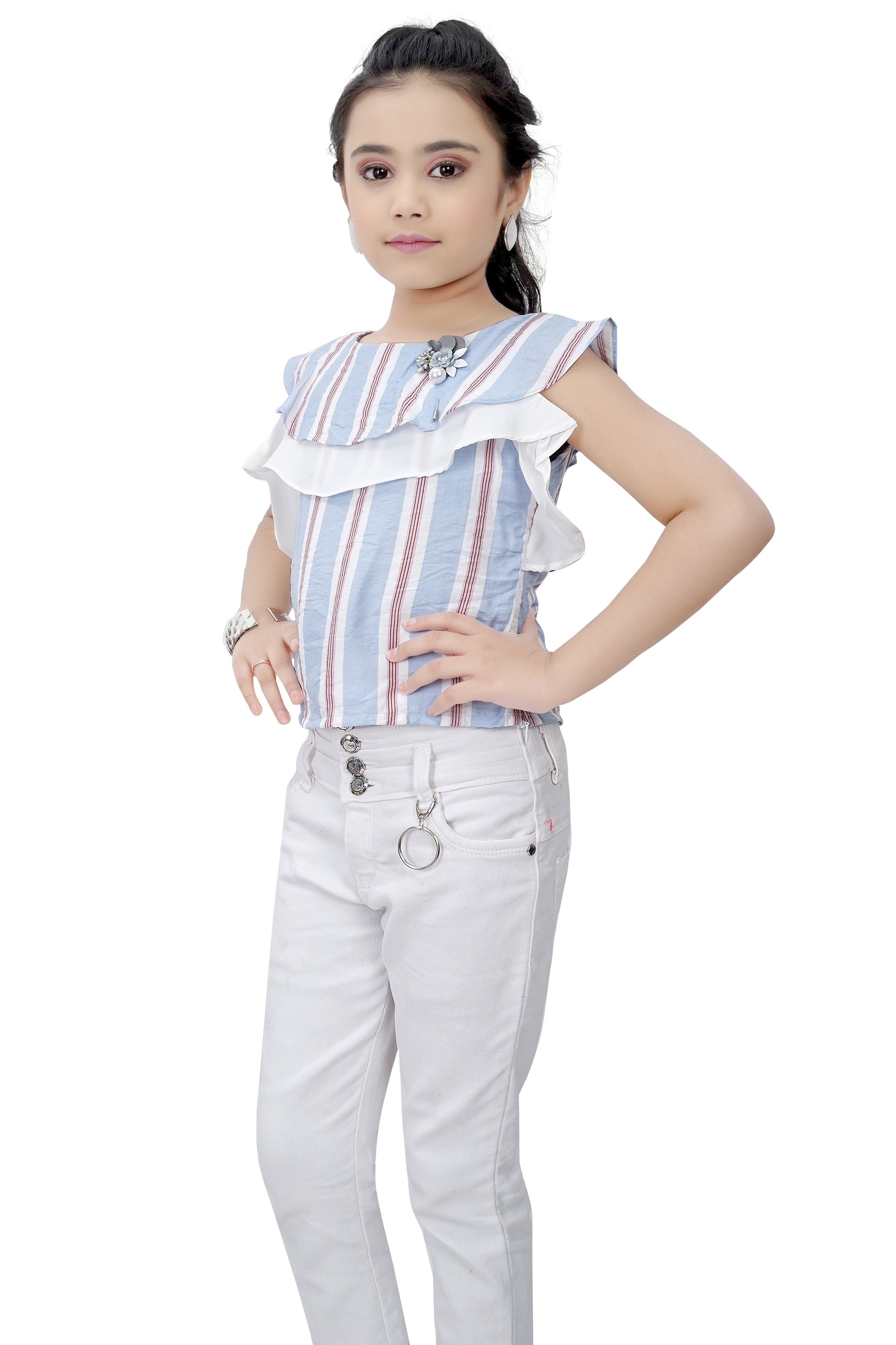 Tiny Girl Short Sleeves Striped Top - Sky Blue