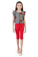 Tiny Girl Floral Ruffle Sleeve Top with Red Pants Set