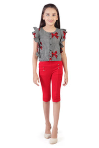 Tiny Girl Floral Ruffle Sleeve Top with Red Pants Set