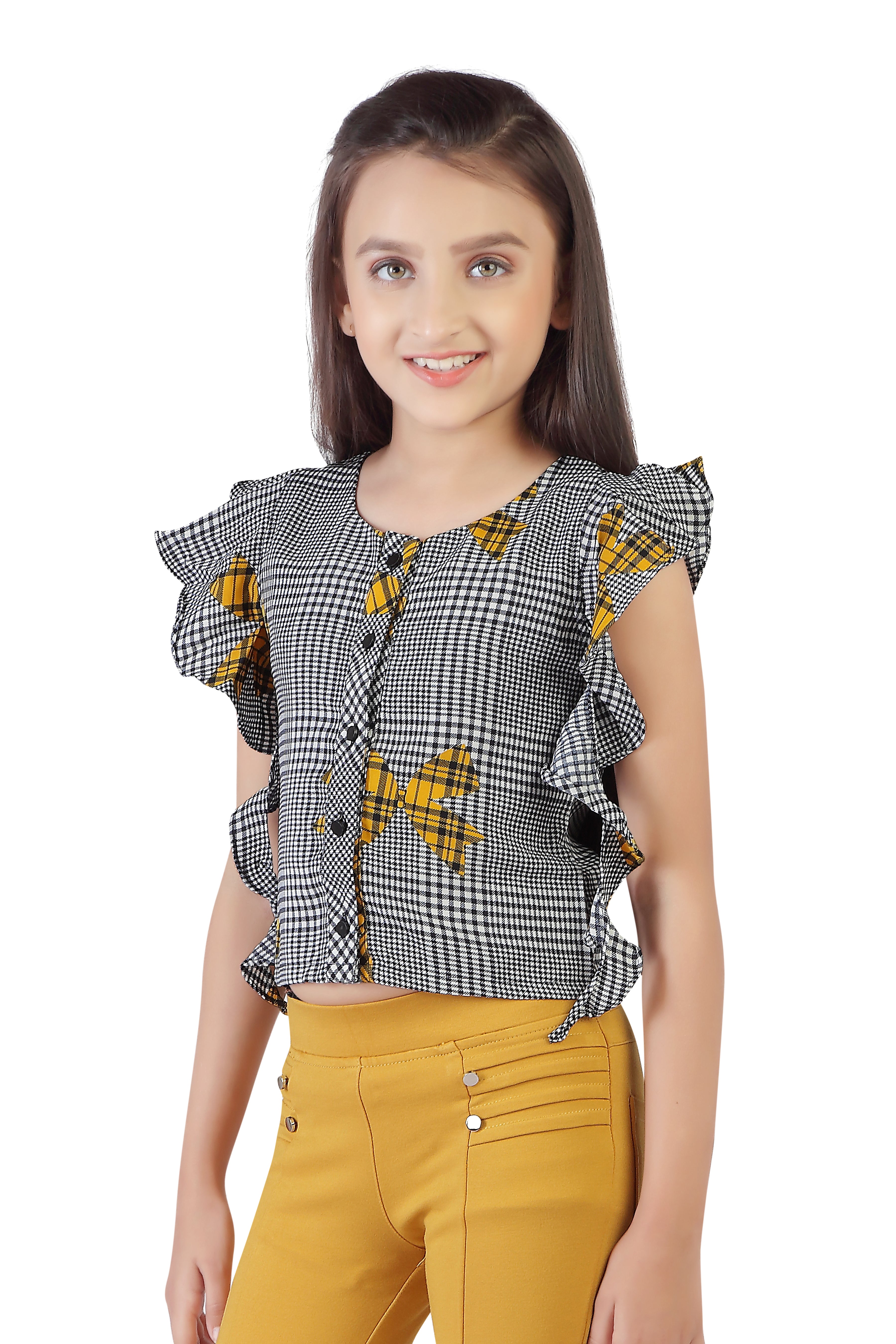 Tiny Girl Floral Ruffle Sleeve Top with Stretch Pants Set – Yellow