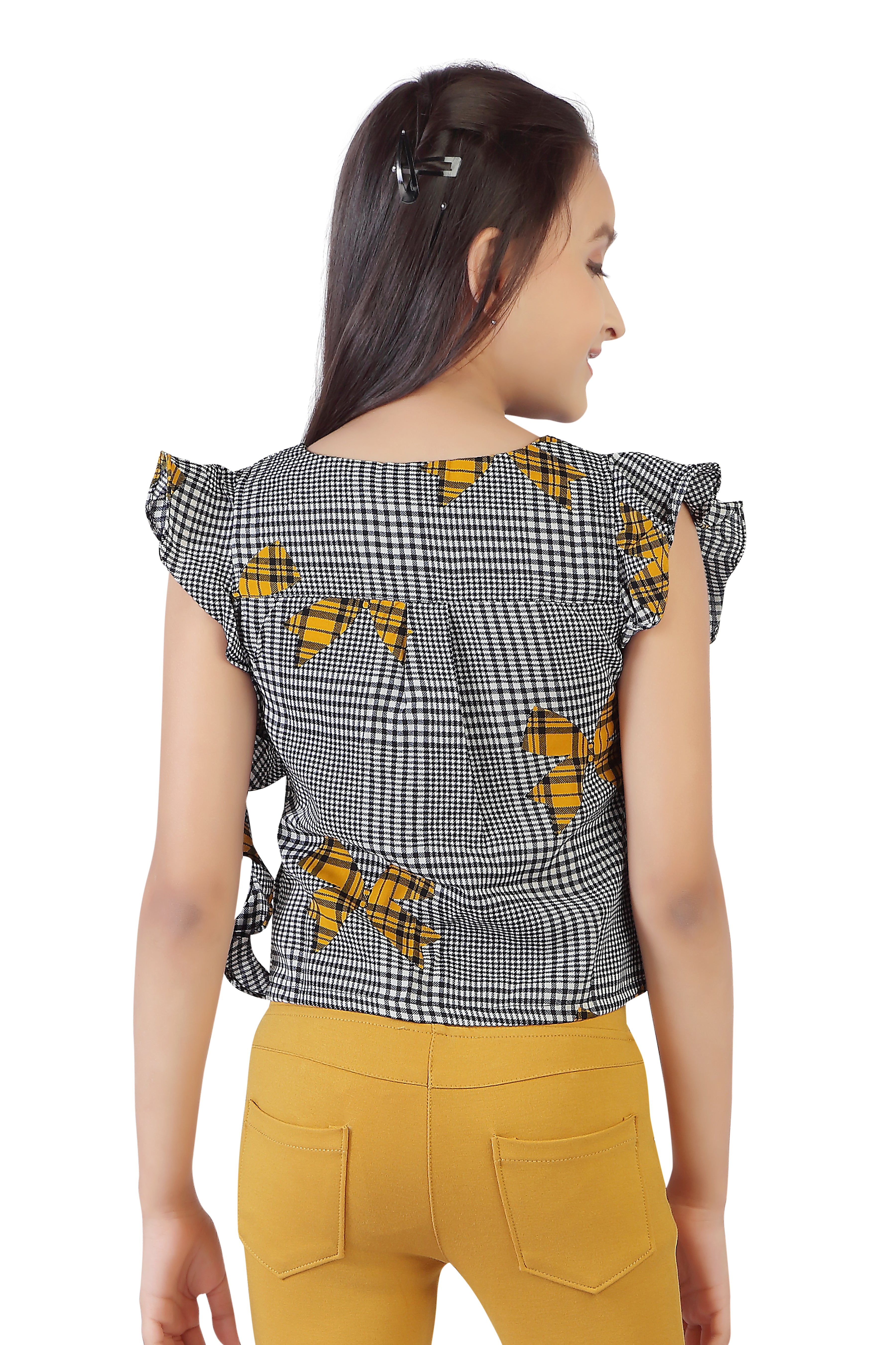 Tiny Girl Floral Ruffle Sleeve Top with Stretch Pants Set – Yellow