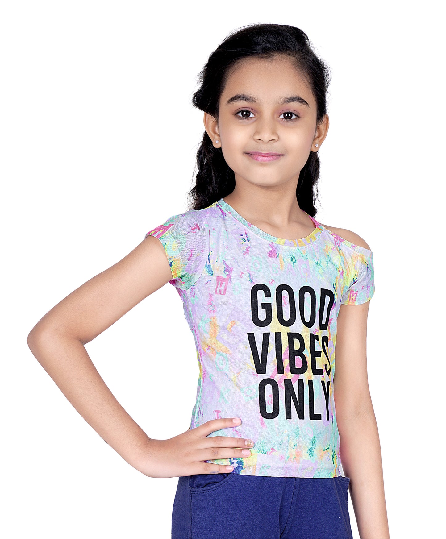 Tiny Girl Knitted Polyester Printed Hand Cap Sleeves Top