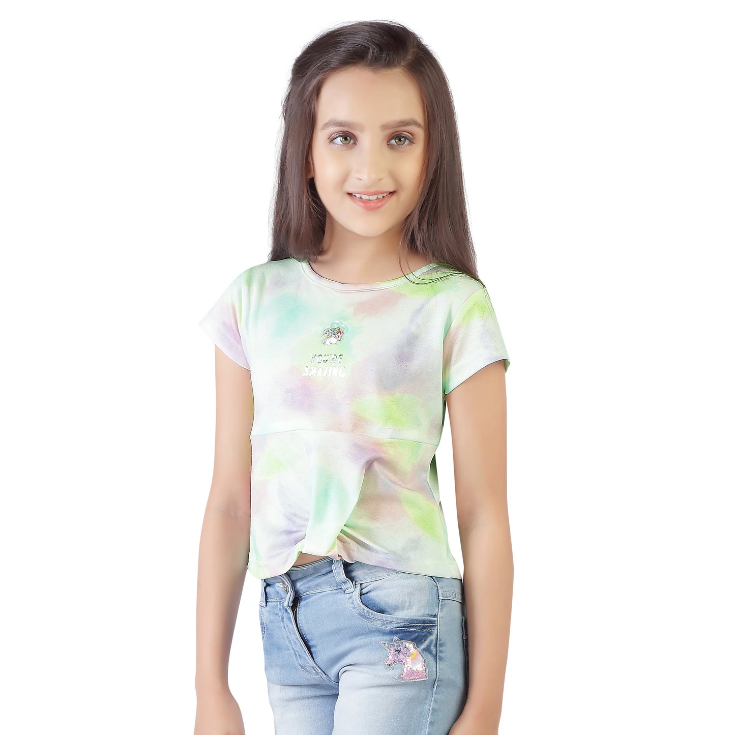 Tie Dye Knitted Top With Hem Knoting And  Silver Foil Print.