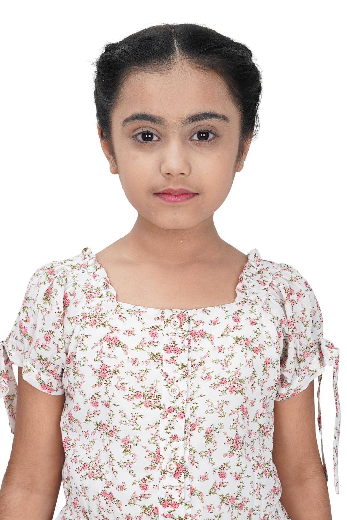 Girls Printed Tie-Up Sleeve Top – White