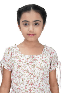 Girls Printed Tie-Up Sleeve Top – White
