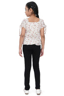 Girls Printed Tie-Up Sleeve Top – White