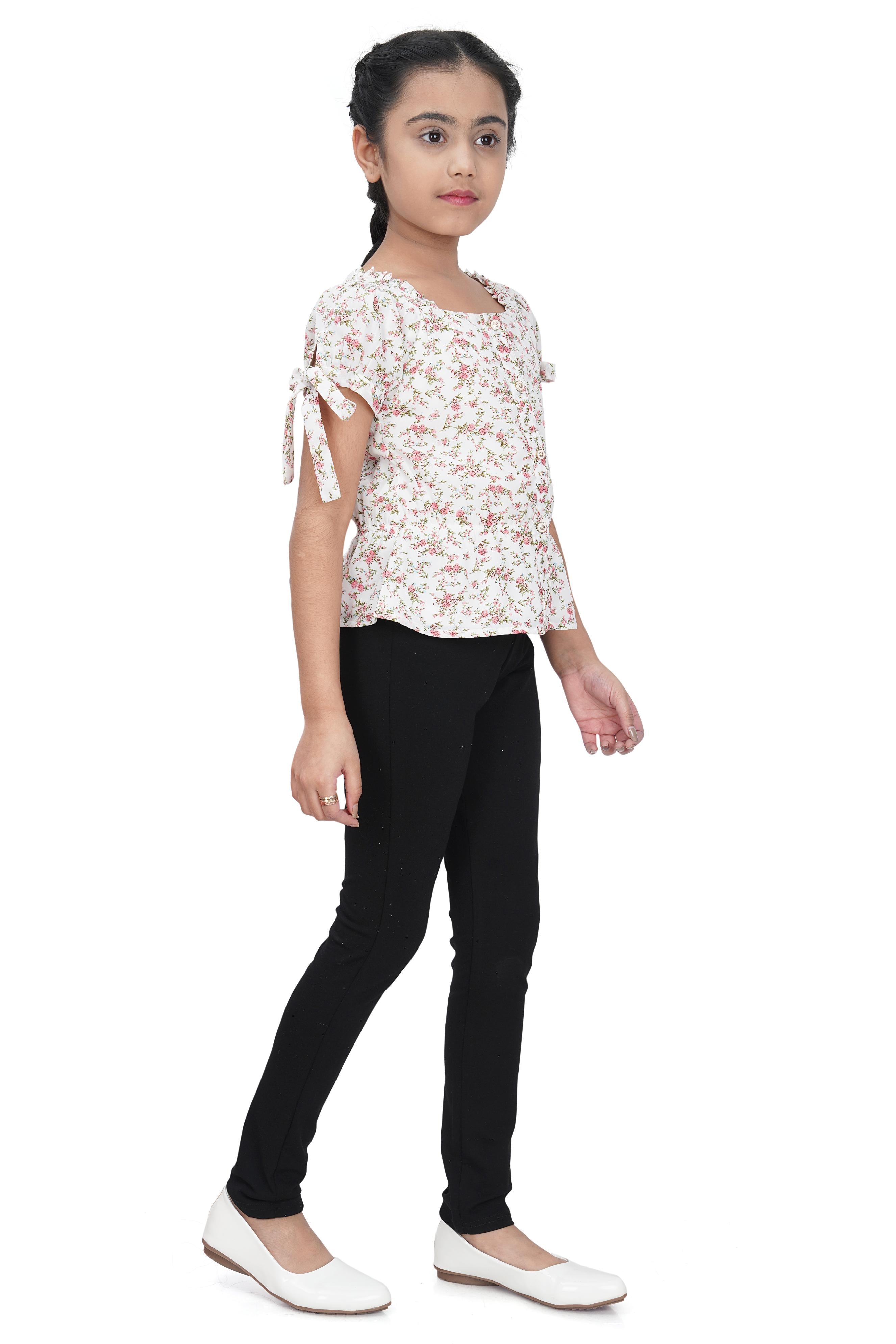 Girls Printed Tie-Up Sleeve Top – White