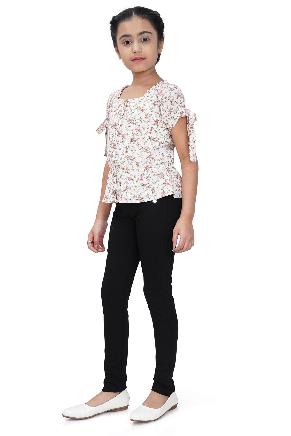 Girls Printed Tie-Up Sleeve Top – White