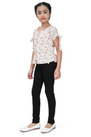 Girls Printed Tie-Up Sleeve Top – White