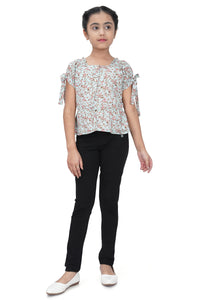 Girls Printed Tie-Up Sleeve Top – Green