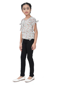 Girls Printed Tie-Up Sleeve Top – Green