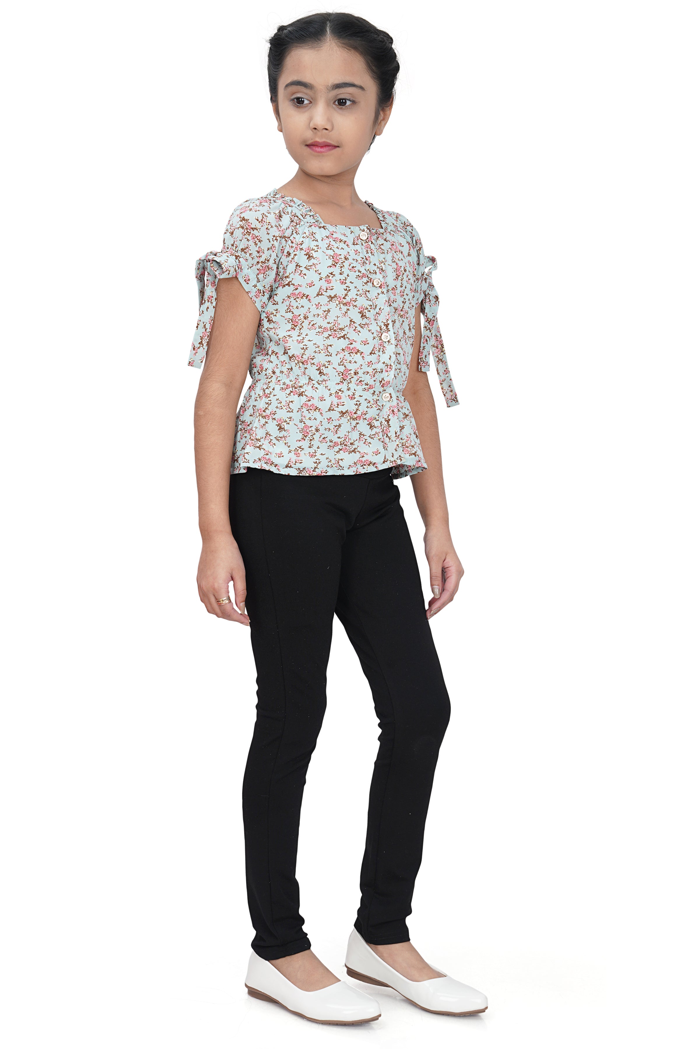 Girls Printed Tie-Up Sleeve Top – Green