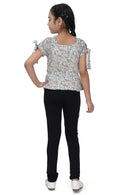 Girls Printed Tie-Up Sleeve Top – Green