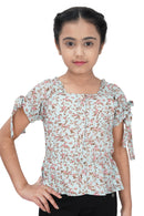 Girls Printed Tie-Up Sleeve Top – Green