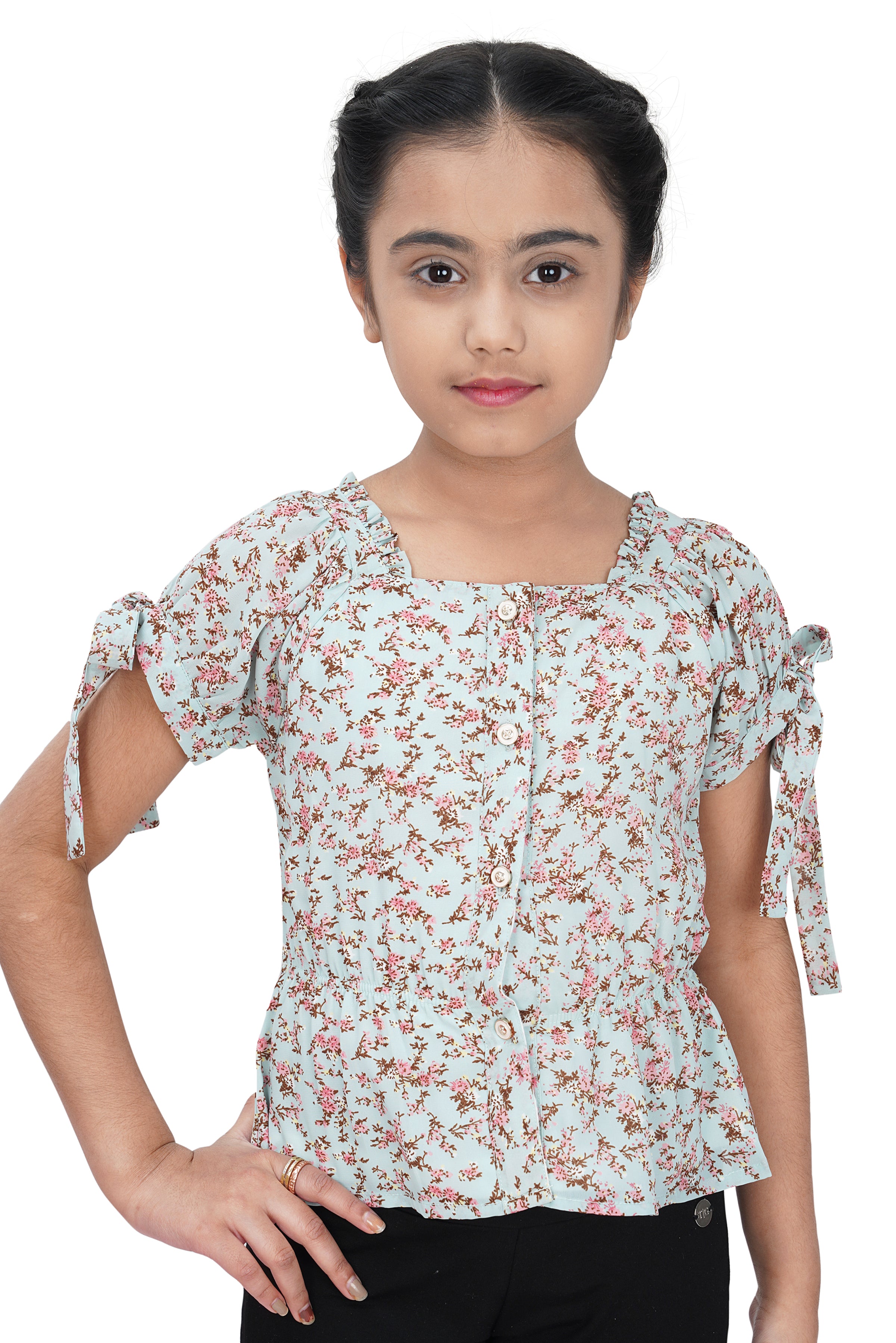 Girls Printed Tie-Up Sleeve Top – Green