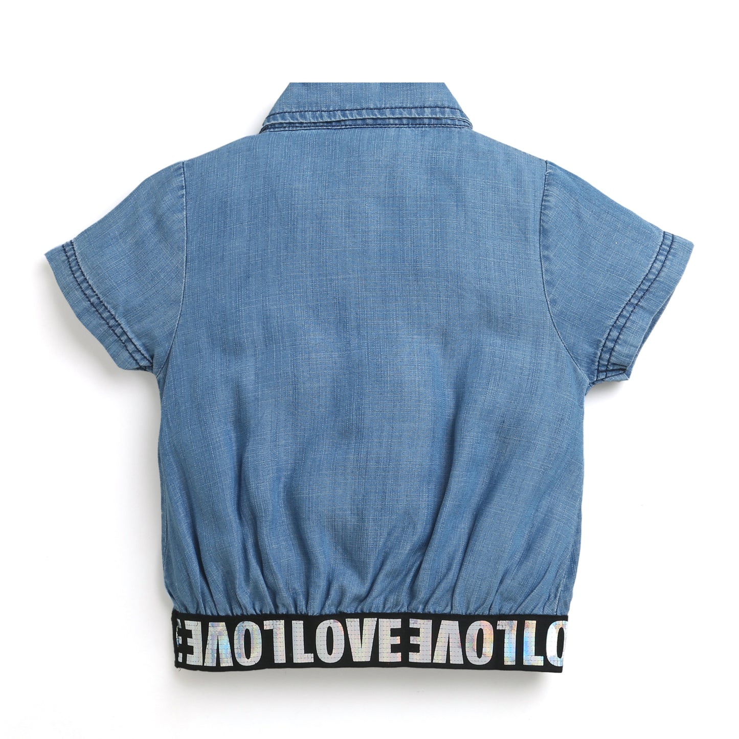 Blue Color Denim Shirt  Adorn With Elastic Printed Tape At Bottom Hem
