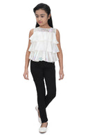 Tiny Girl Sleeveless Flower Applique & Sequin Embellished Layered Top - White