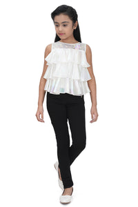 Tiny Girl Sleeveless Flower Applique & Sequin Embellished Layered Top - White