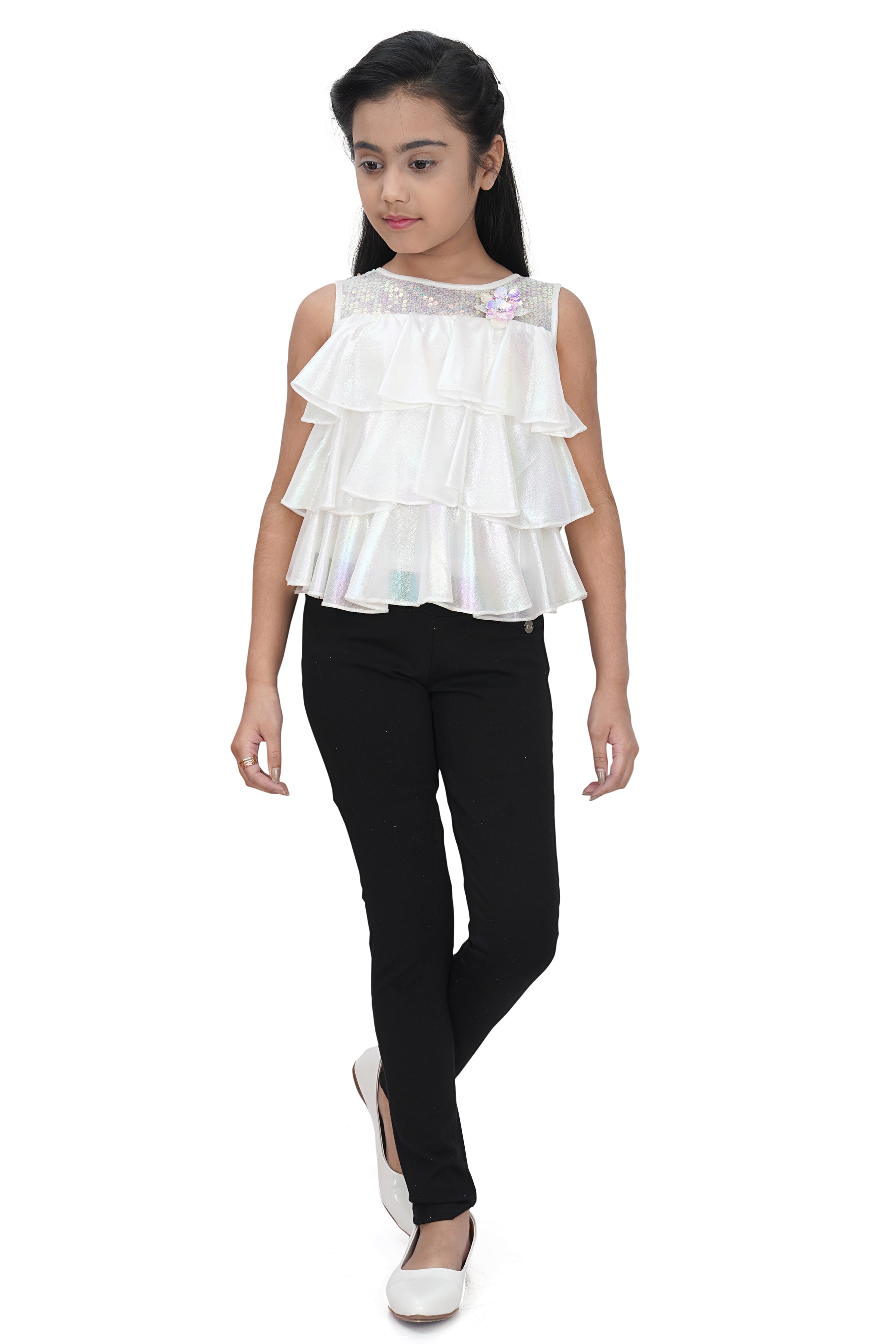 Tiny Girl Sleeveless Flower Applique & Sequin Embellished Layered Top - White