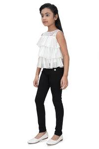 Tiny Girl Sleeveless Flower Applique & Sequin Embellished Layered Top - White