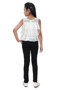 Tiny Girl Sleeveless Flower Applique & Sequin Embellished Layered Top - White