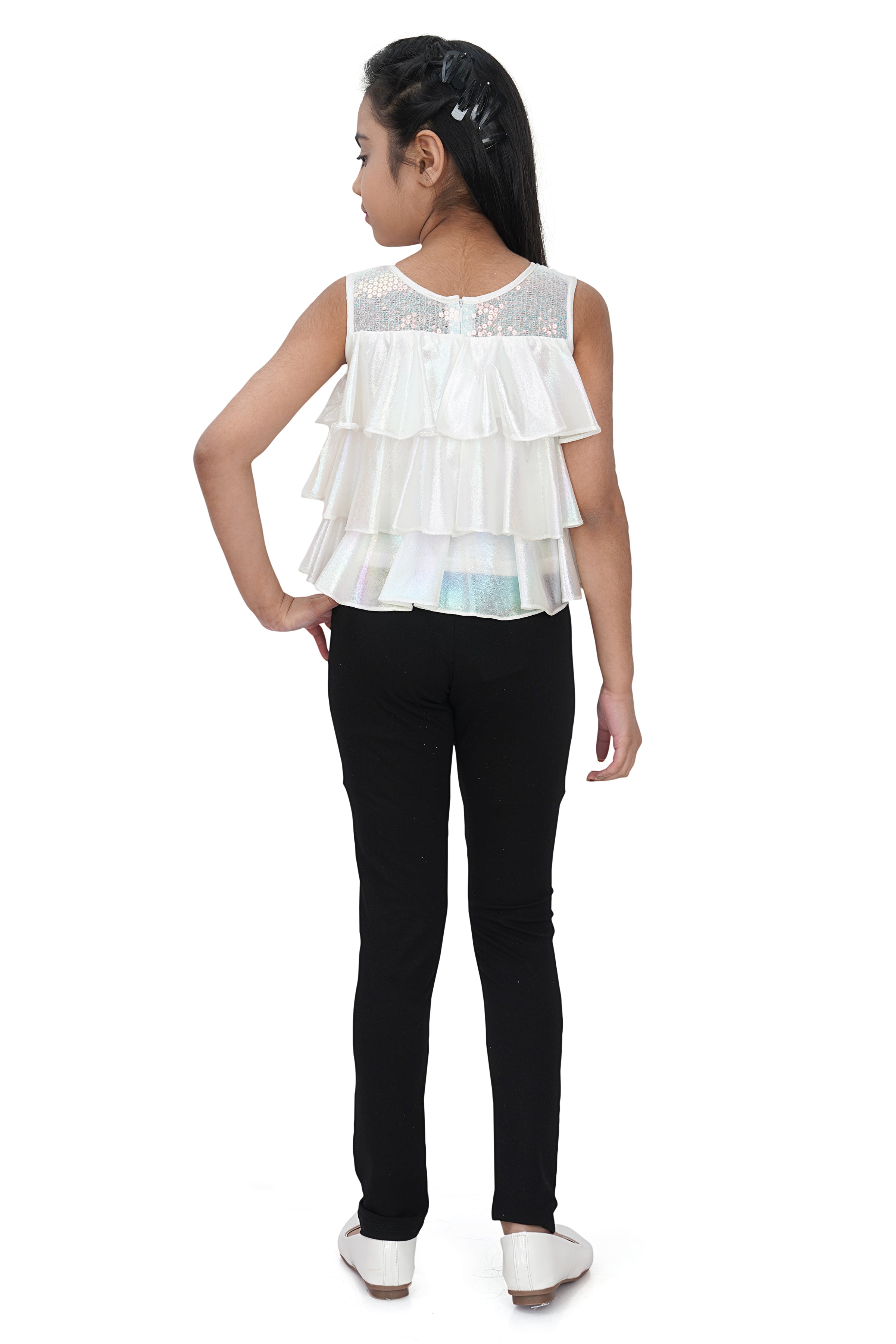 Tiny Girl Sleeveless Flower Applique & Sequin Embellished Layered Top - White