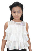 Tiny Girl Sleeveless Flower Applique & Sequin Embellished Layered Top - White