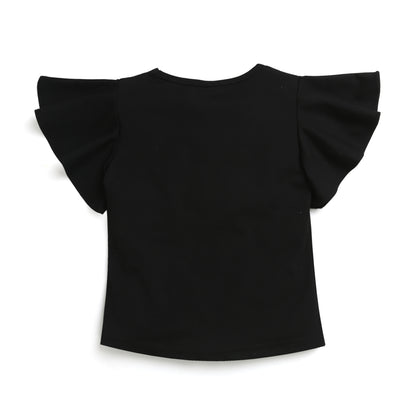 Black Color Flare Sleeves Top Adorn With Foil Print