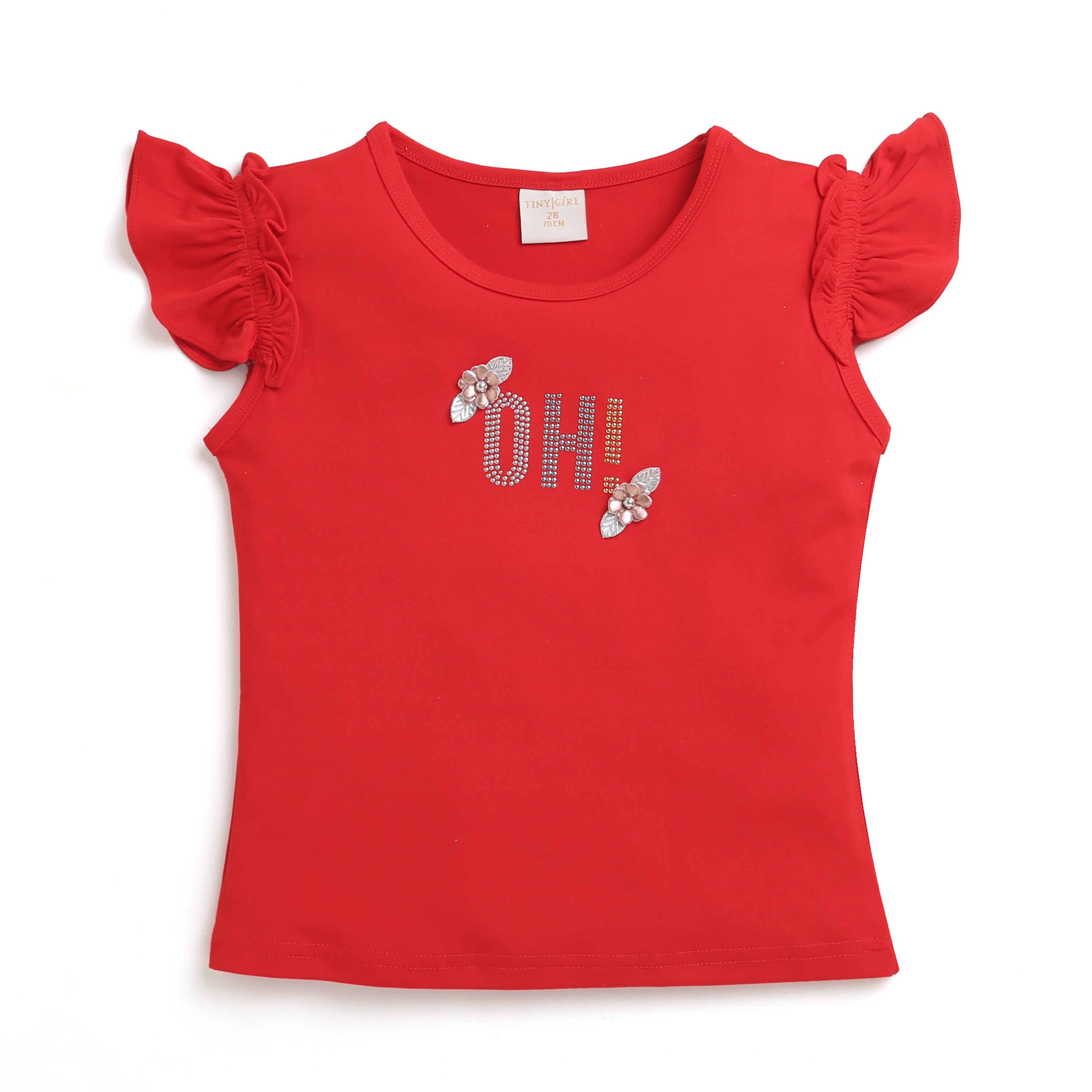 Tiny Girl Red Ruffle Sleeve Graphic Top – Cute Casual Wear for Girls