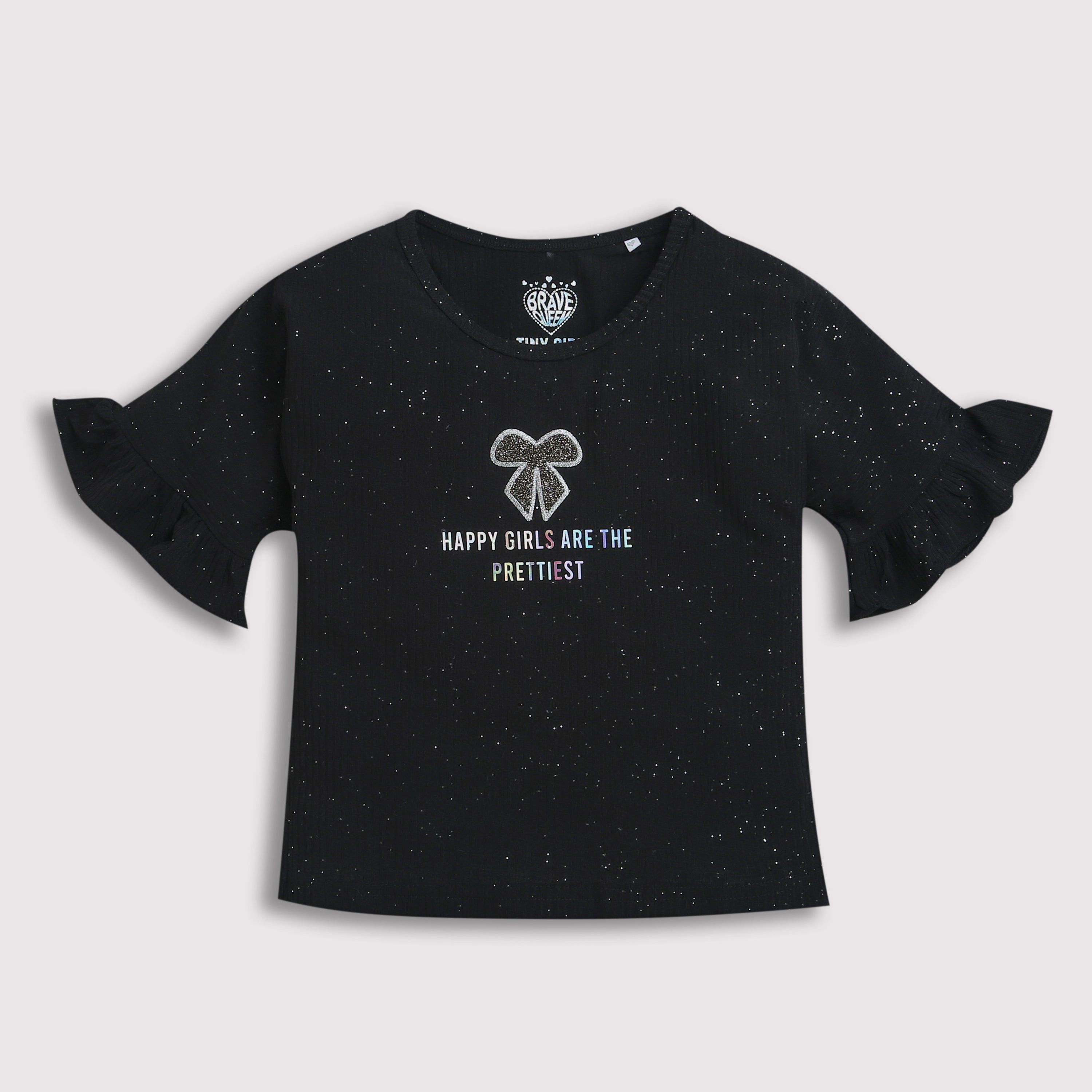 Tiny Girl Black Star Sparkle Top – Stylish Party Casual for Girls