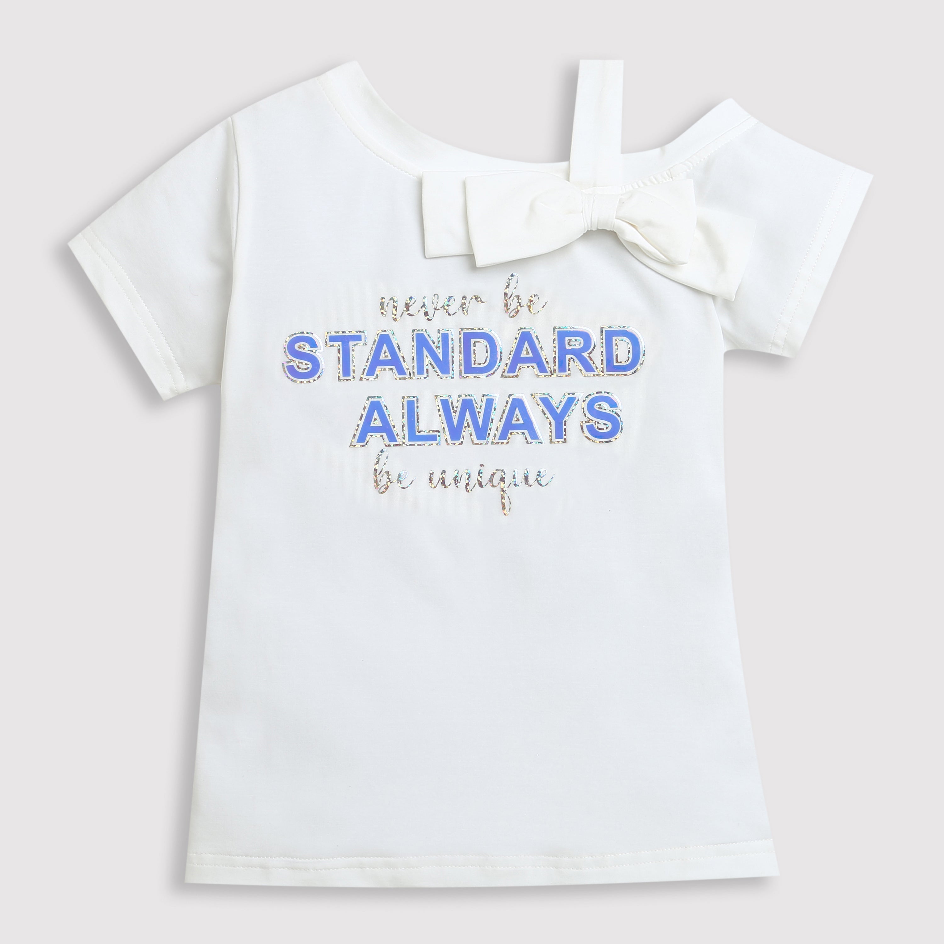 Girls White Bow Shoulder Slogan Top