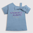 Girls Sky Blue Bow Shoulder Slogan Tee