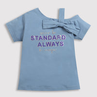 Girls Sky Blue Bow Shoulder Slogan Tee