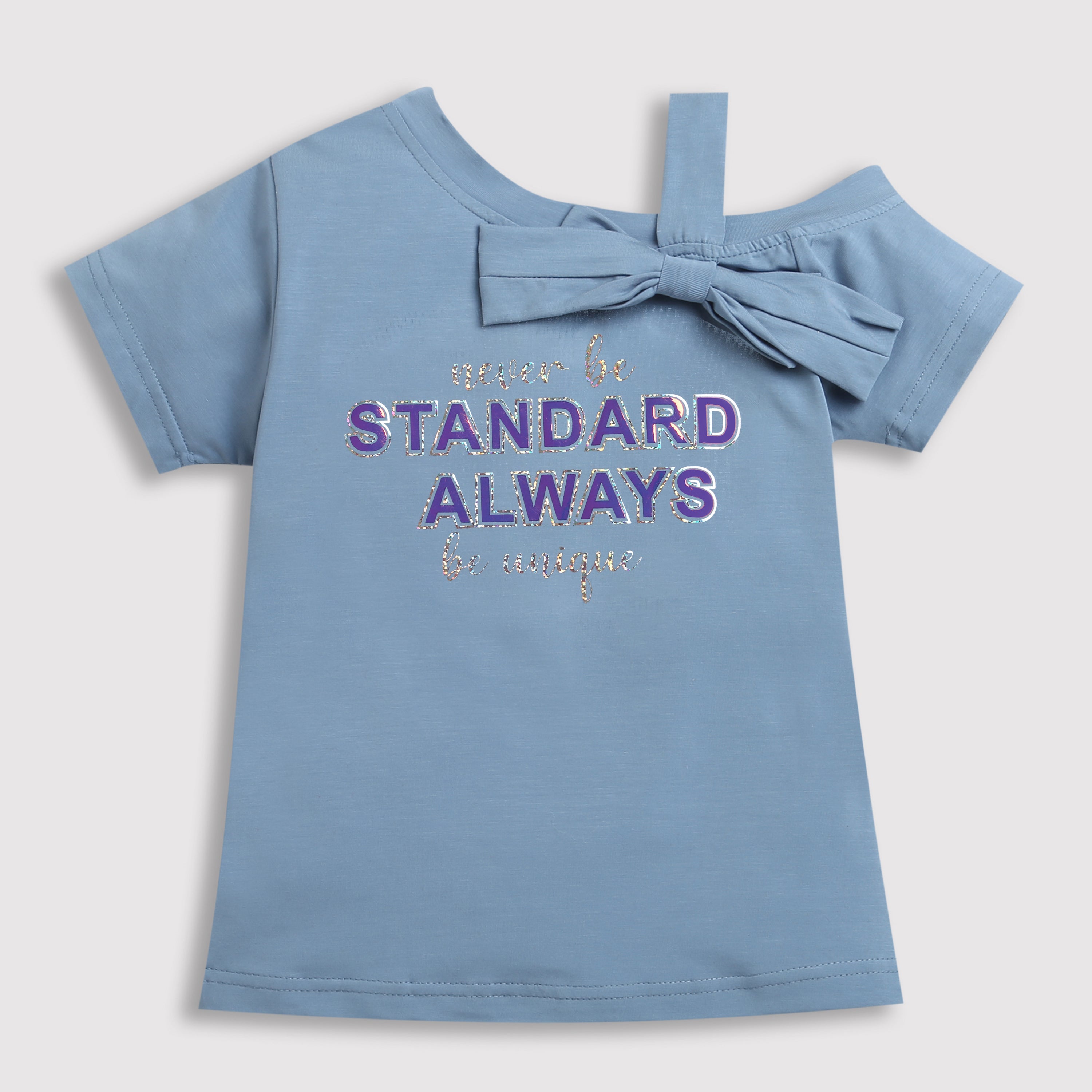Girls Sky Blue Bow Shoulder Slogan Tee