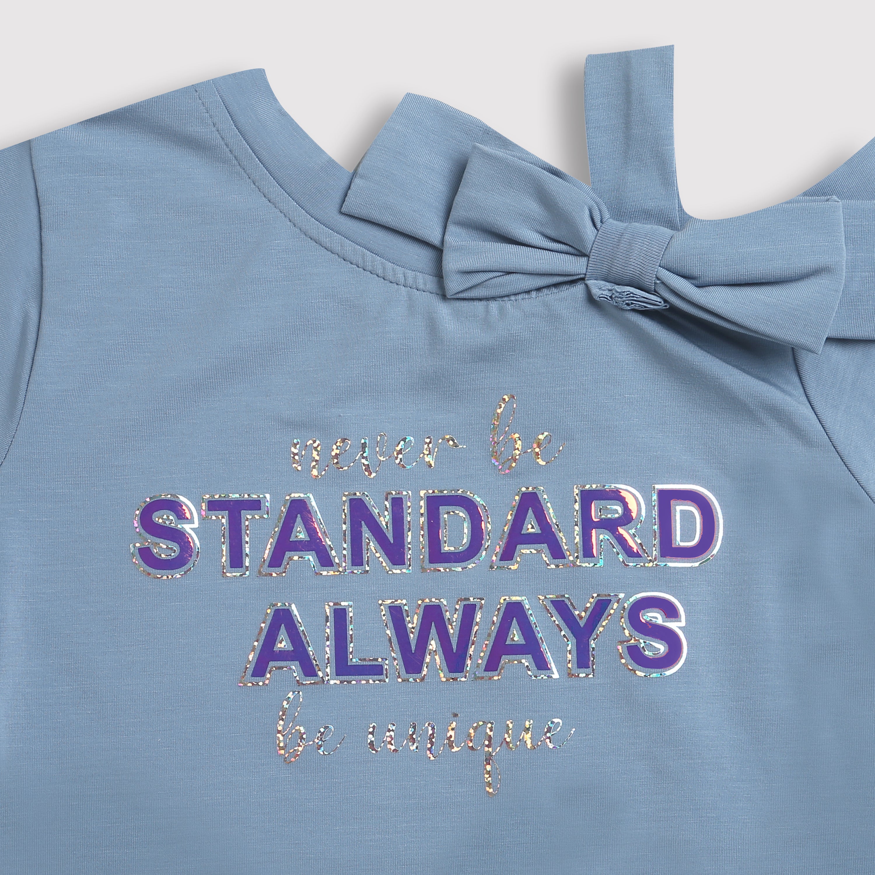 Girls Sky Blue Bow Shoulder Slogan Tee