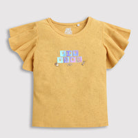 Girls Yellow Glitter Text Frill Sleeve Top