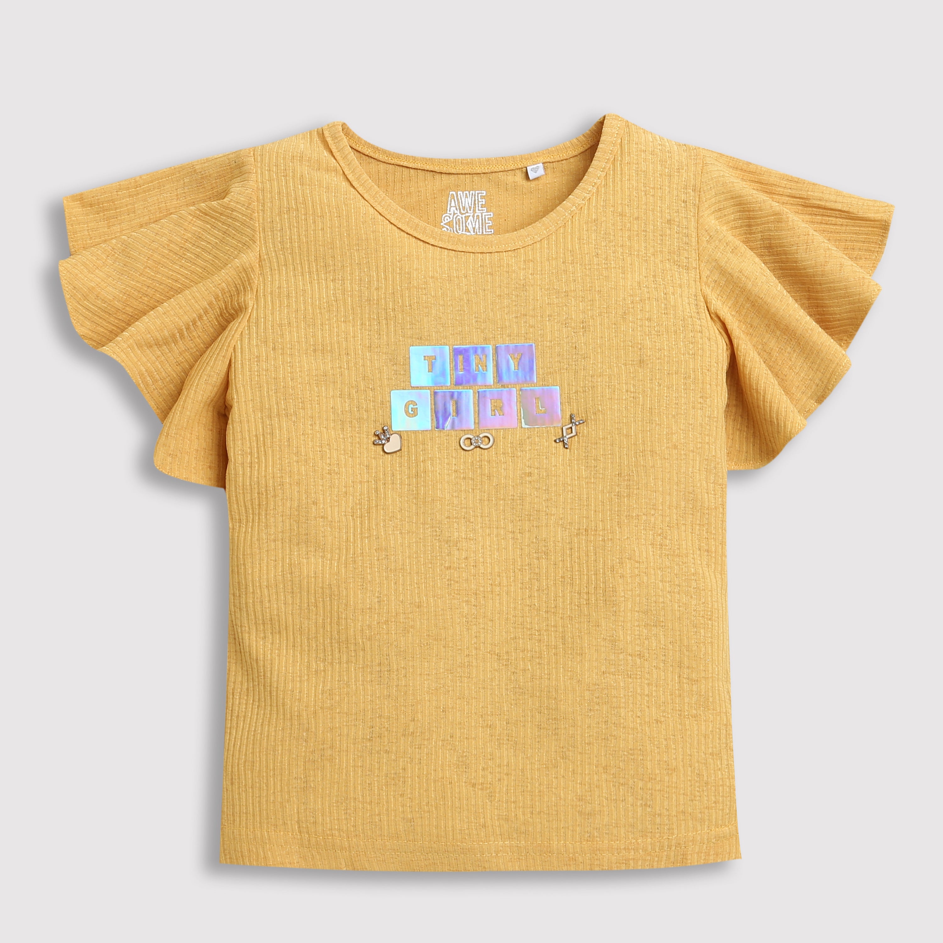 Girls Yellow Glitter Text Frill Sleeve Top